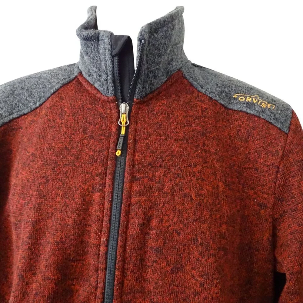 Orvis Men Red Gray Full Zip Knit Jacket Size M Elbow Patches High Collar Outdoor